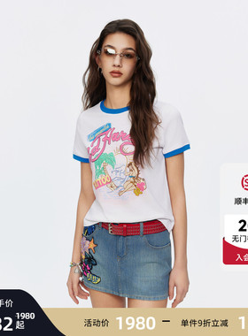 Ed Hardy埃德哈迪2026夏季新款女士撞色烫钻正肩短袖T恤E1SBW203