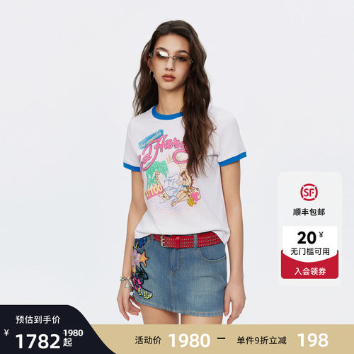 Ed Hardy埃德哈迪2026夏季新款女士撞色烫钻正肩短袖T恤E1SBW203