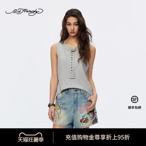 Ed Hardy埃德哈迪2026夏季新款女士烫钻无袖亨利领背心E1SBW253