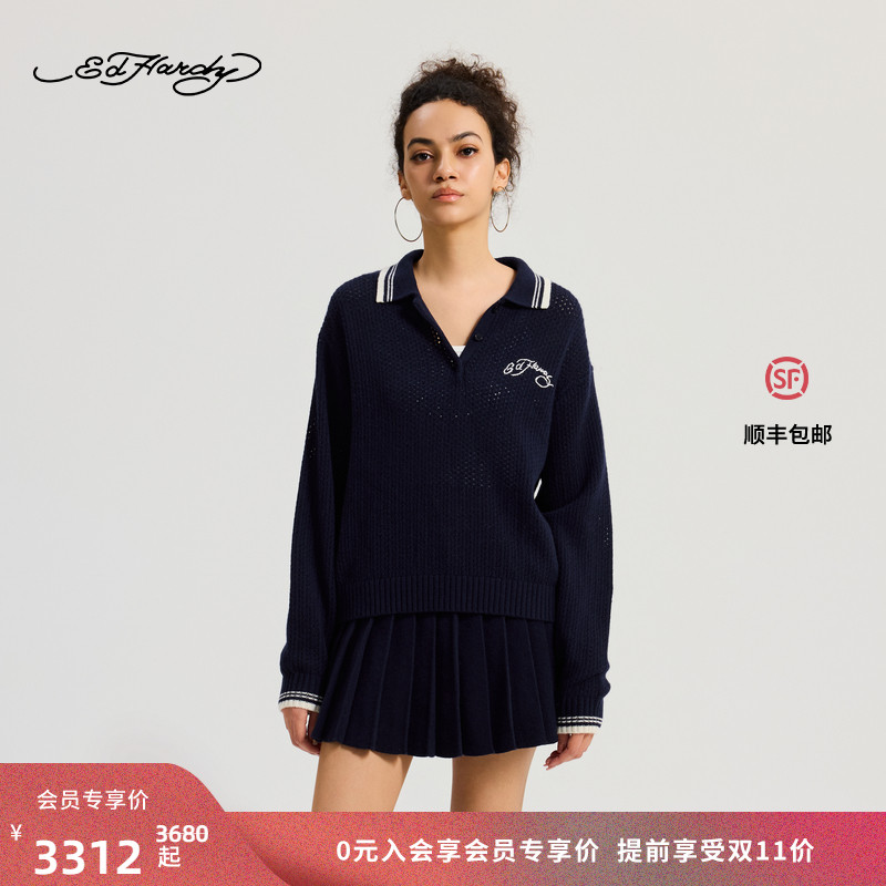 Ed Hardy埃德哈迪2025冬季新款女士翻领微落肩针织衫E1RDW307