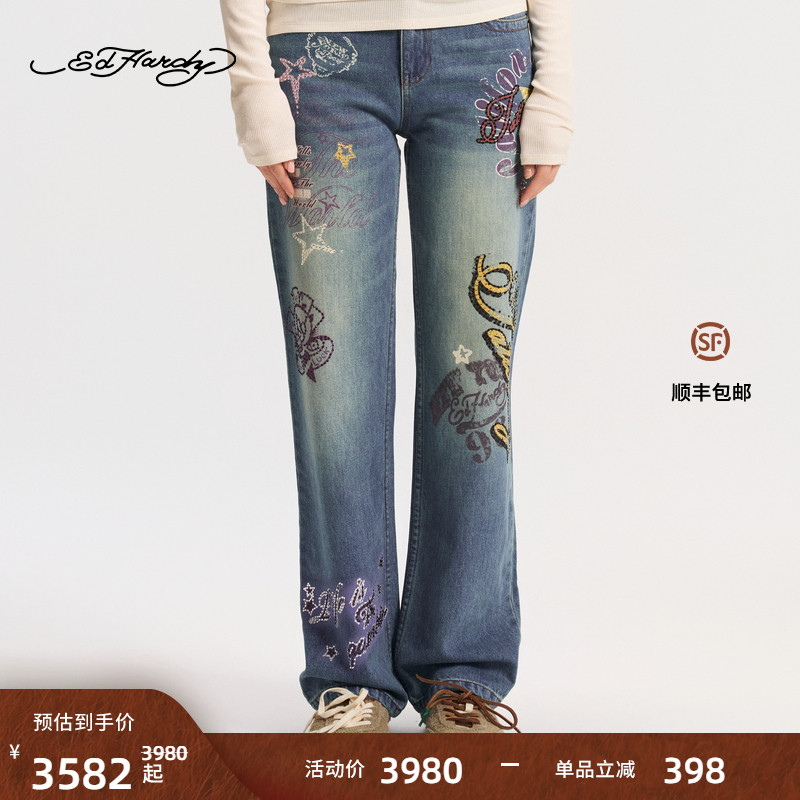 Ed Hardy埃德哈迪2026春季新款女士街头复古直筒牛仔长裤E1SAW291