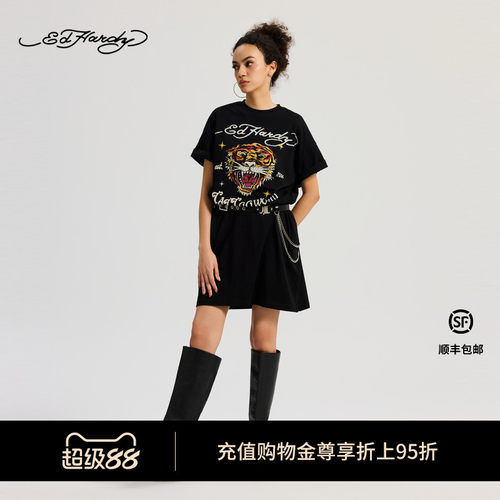 【烫钻】Ed Hardy埃德哈迪夏季新款女士黑色拔印连衣裙ERYW
