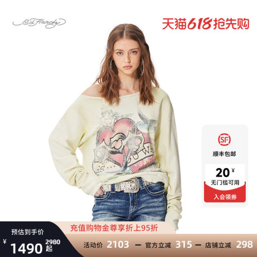 Ed Hardy埃德哈迪春季流行新款水浆印烫钻女士套头衫美式复古卫衣