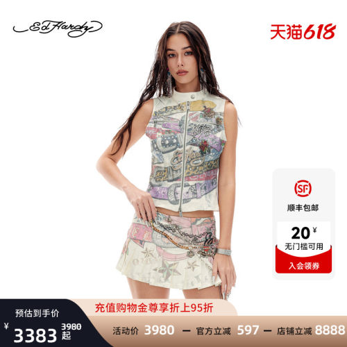 Ed Hardy埃德哈迪2026夏季新款女士数码印烫钻牛仔马甲E1SBW235