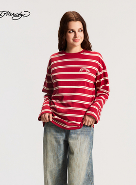 Ed Hardy埃德哈迪2026春季新款女士圆领宽松条纹长袖T恤E1SAW230