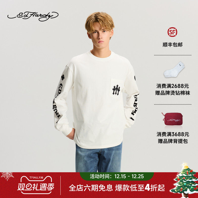Ed Hardy埃德哈迪2025冬季新款男士植绒印花烫钻长袖T恤E1RCM511