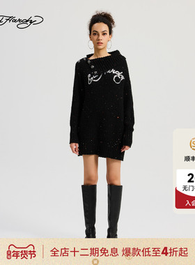 Ed Hardy埃德哈迪2025冬季新款女士斜肩宽松针织连衣裙E1RDW366