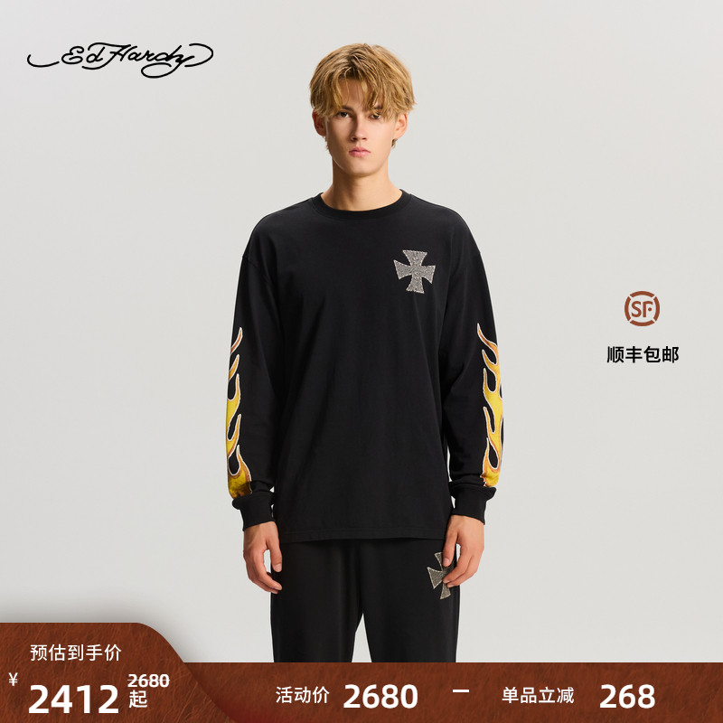 Ed Hardy埃德哈迪2025冬季新款男士宽松拔印水洗长袖T恤E1RDM076