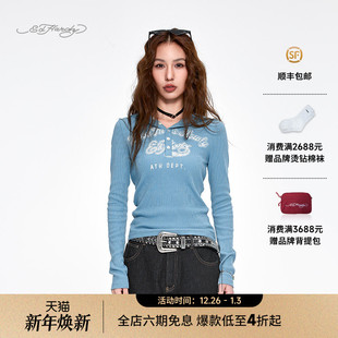 拔印罗纹复古紧身女士长袖 新款 T恤 Hardy埃德哈迪2025夏季