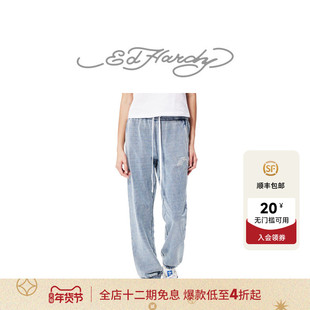 Ed Hardy埃德哈迪冬季新款拔印炒雪花烫钻抽绳宽松女士长裤