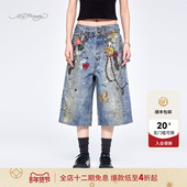 女士D印花牛仔百慕大短裤 Hardy流行埃德哈迪夏季 金婧同款