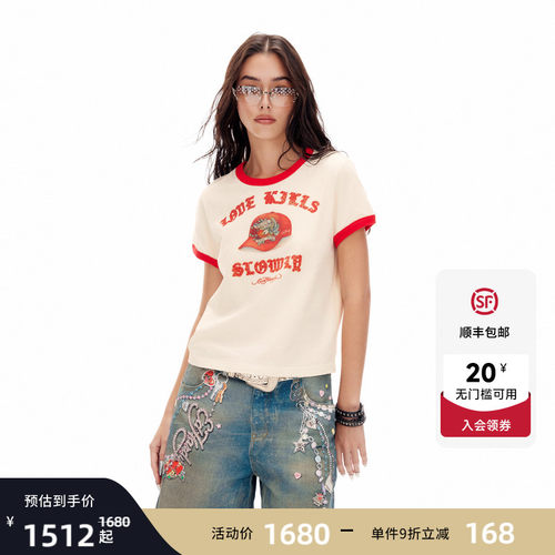 Ed Hardy埃德哈迪2026夏季新款女士撞色烫钻宽松短袖T恤E1SBW243