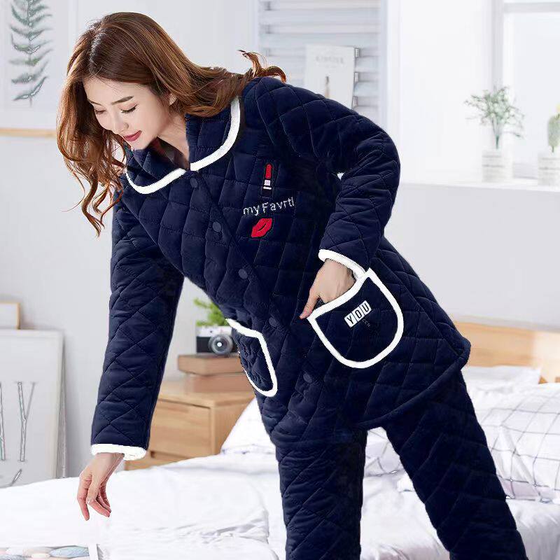 珊瑚绒睡衣女冬季三层夹棉加厚加绒中长款女士冬天保暖家居服套装