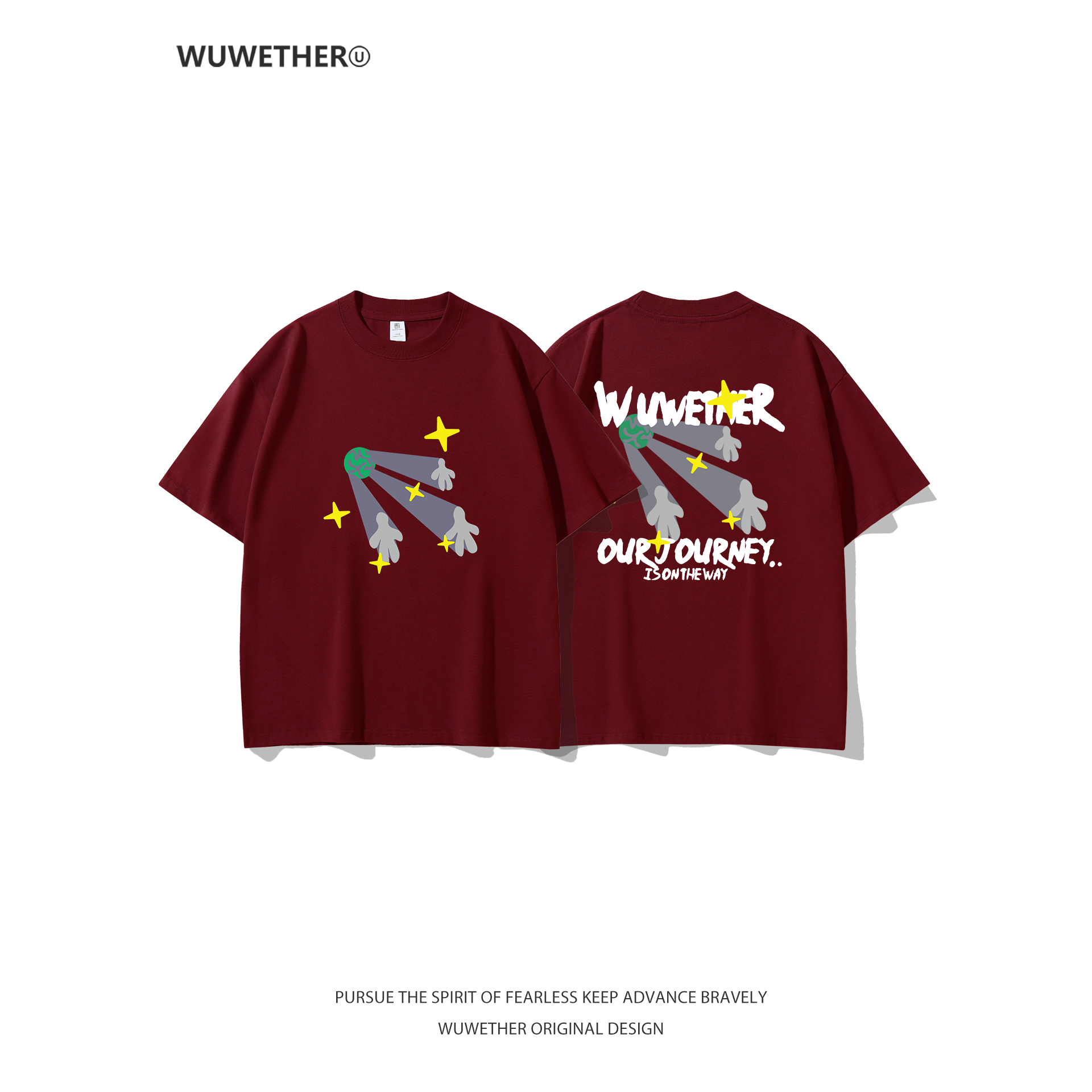 WUWETHER酒红色短袖T恤男夏季美
