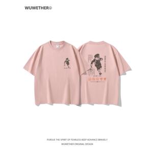WUWETHER日系复古粉色短袖T恤男