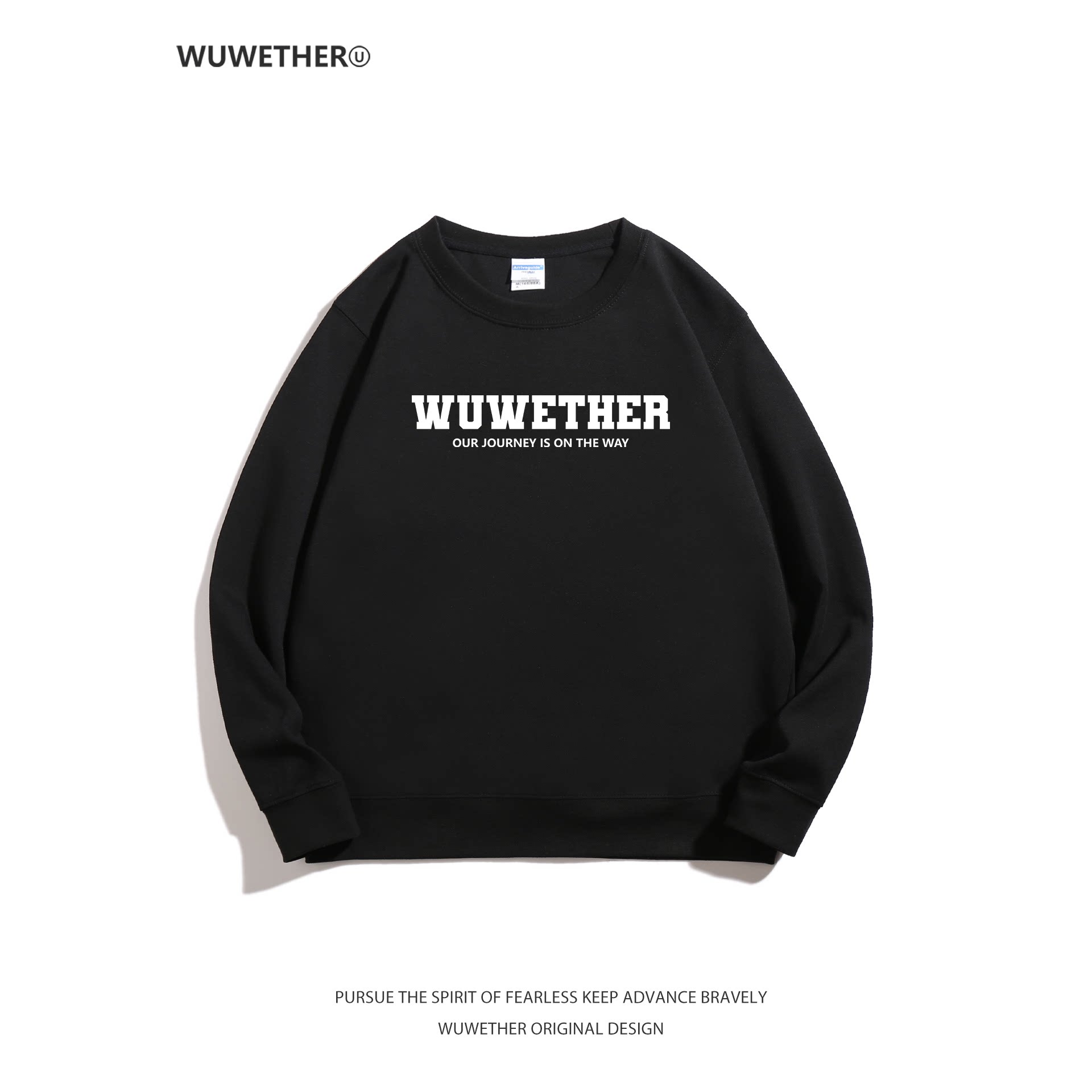 WUWETHER黑色卫衣男宽松圆领字母