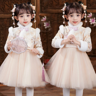 女孩1 8岁女童汉服冬加绒拜年服加绒唐装 儿童连衣裙