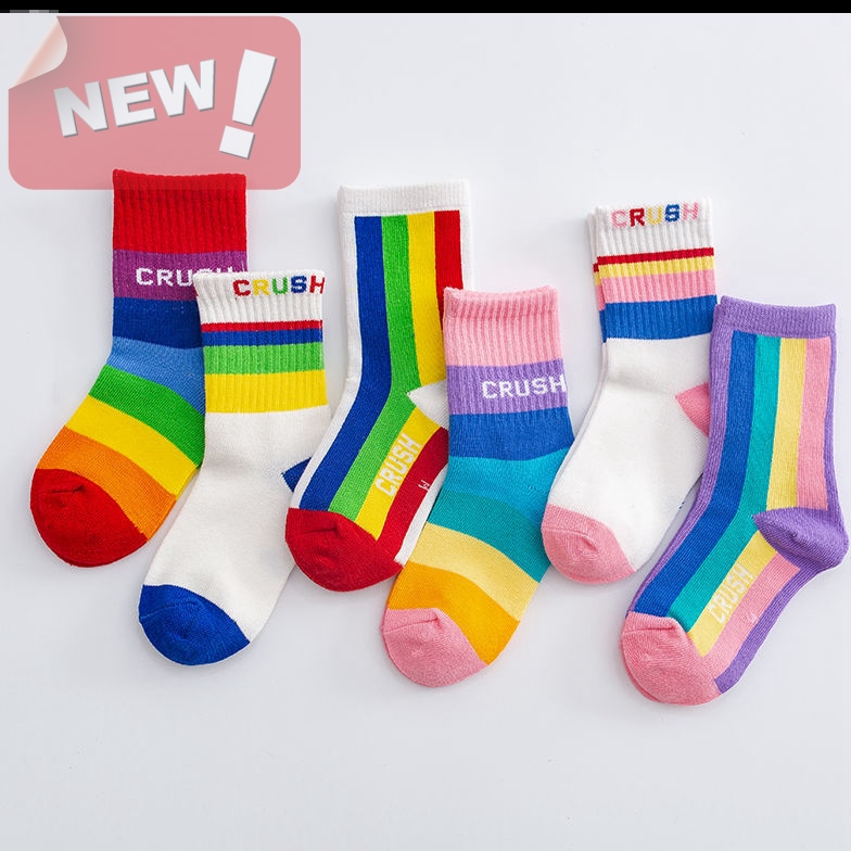 热销新品儿童袜子秋冬款女童袜子纯色棉彩虹中筒袜男童袜子中厚