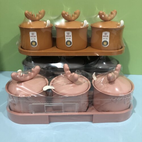 居家玫瑰塑料0312挂壁无痕贴萌鹿三格调味盒可挂贴墙上免打孔可爱