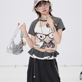 OOURSLAB 25夏新 复古少女短袖 豹纹猫猫趣味印花原创插肩袖 T恤美式