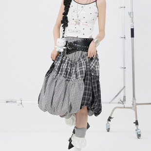 OOURSLAB原创不规则格子半裙设计感黑白格松紧腰中长裙黑色花苞裙