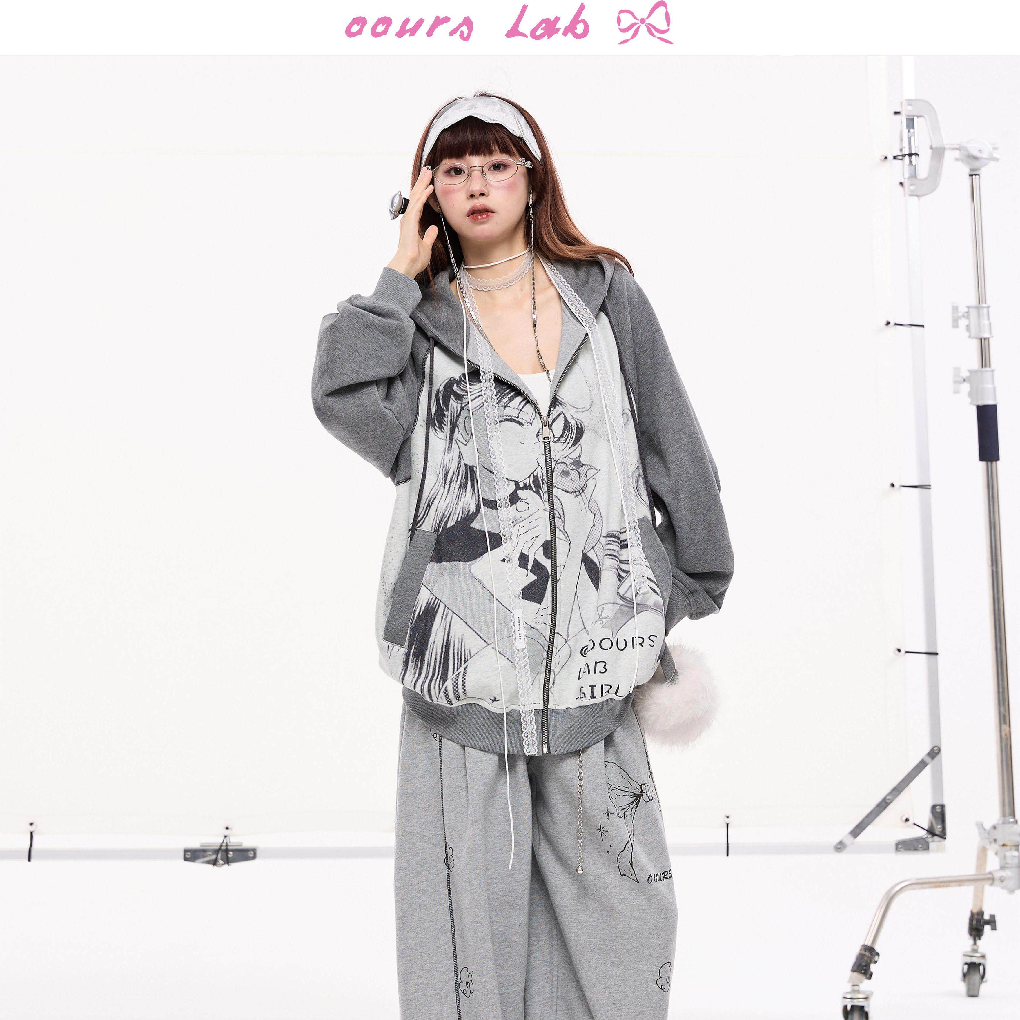 OOURSLAB 漫画少女印花撞色连帽卫衣外套插肩袖上衣女秋