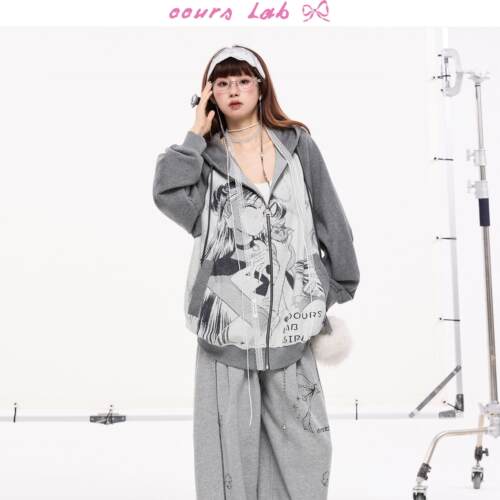 OOURSLAB 漫画少女印花撞色连帽卫衣外套插肩袖上衣女秋