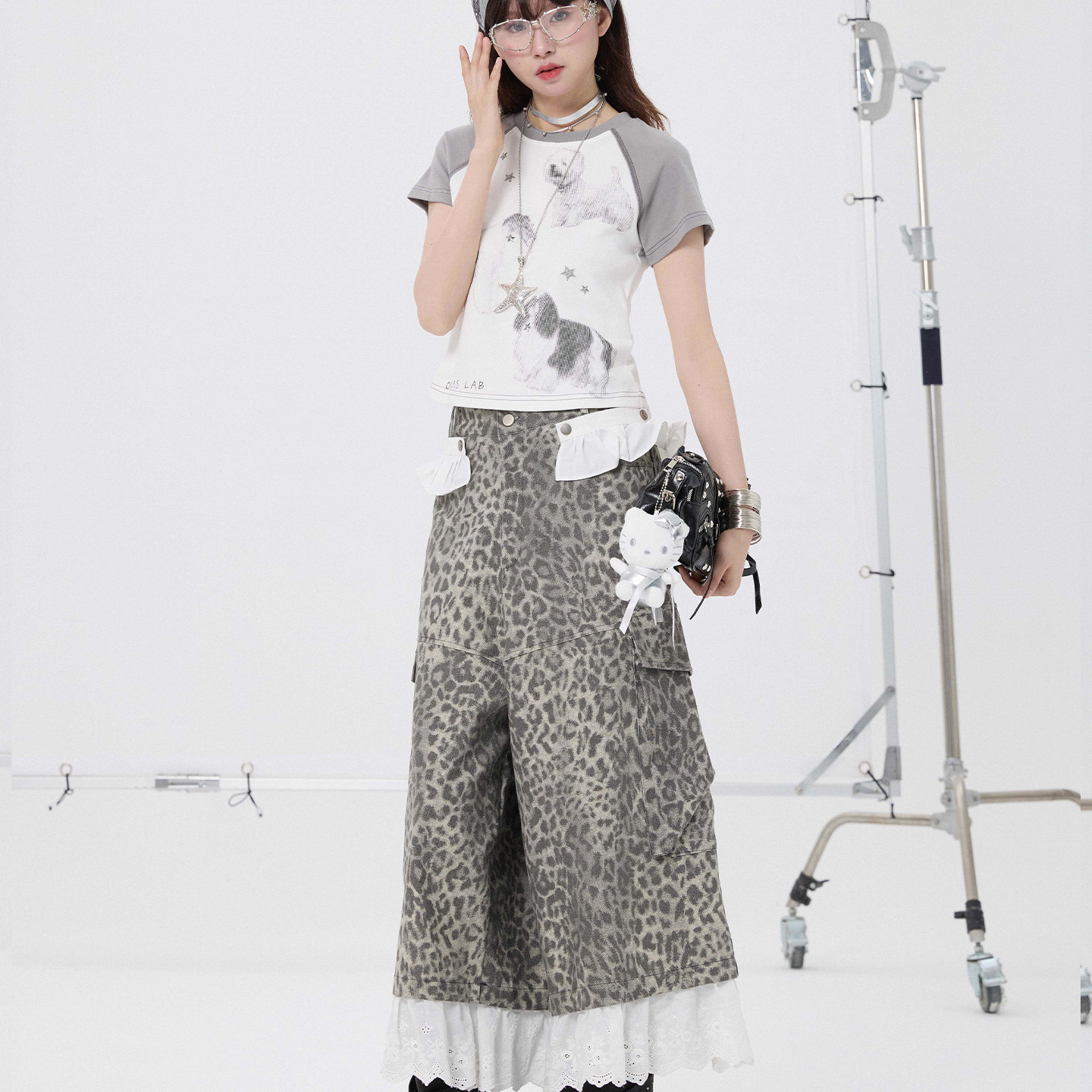 OOURSLAB 甜酷豹纹大口袋可脱卸花边直筒阔腿假两件牛筋腰九分裤