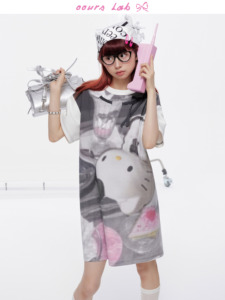 OOURSLAB 原创卡通印花连衣裙撞色蝴蝶结宽松oversizeT恤裙女夏