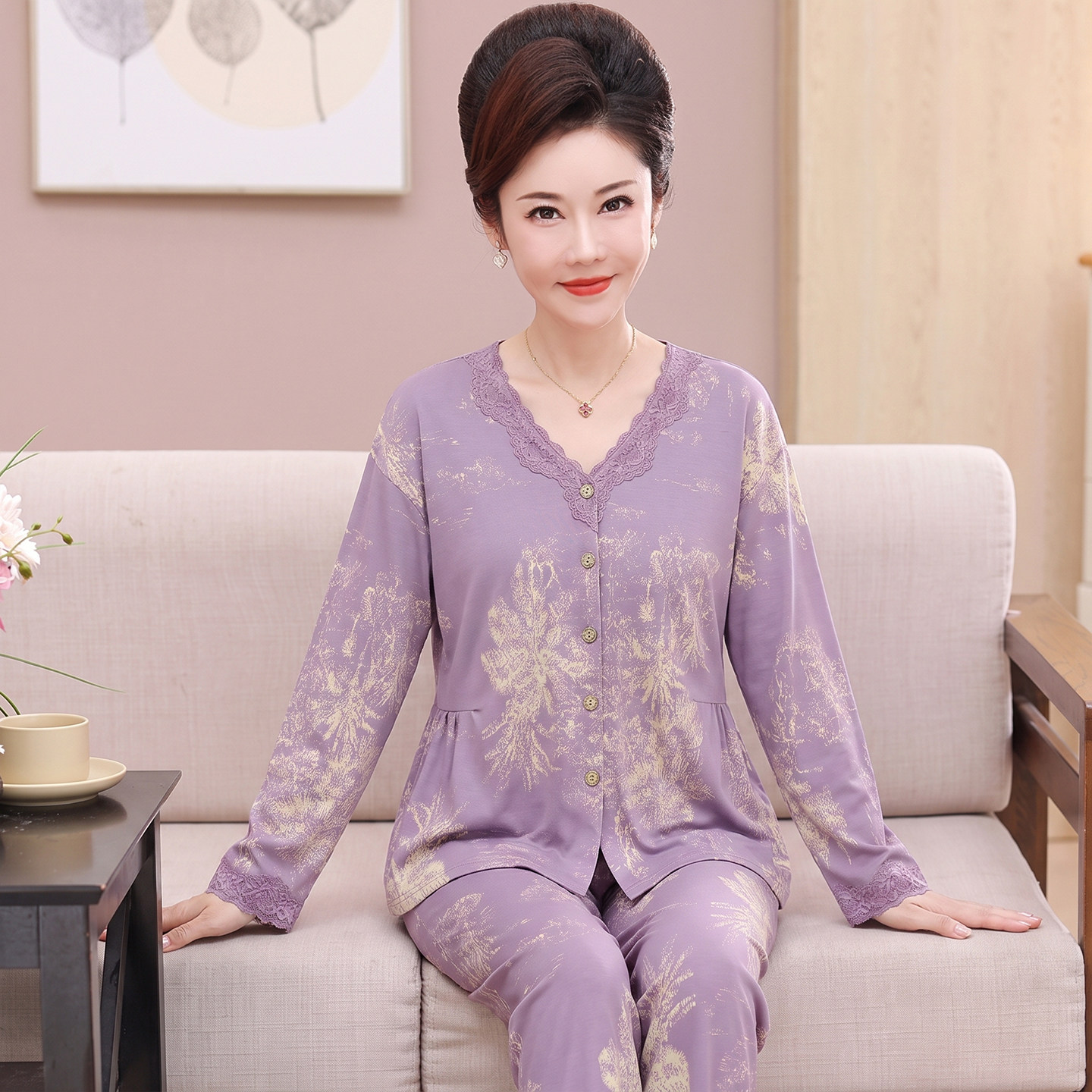中老年妈妈睡衣春秋季纯棉长袖薄款加大码女士家居服秋冬全棉套装