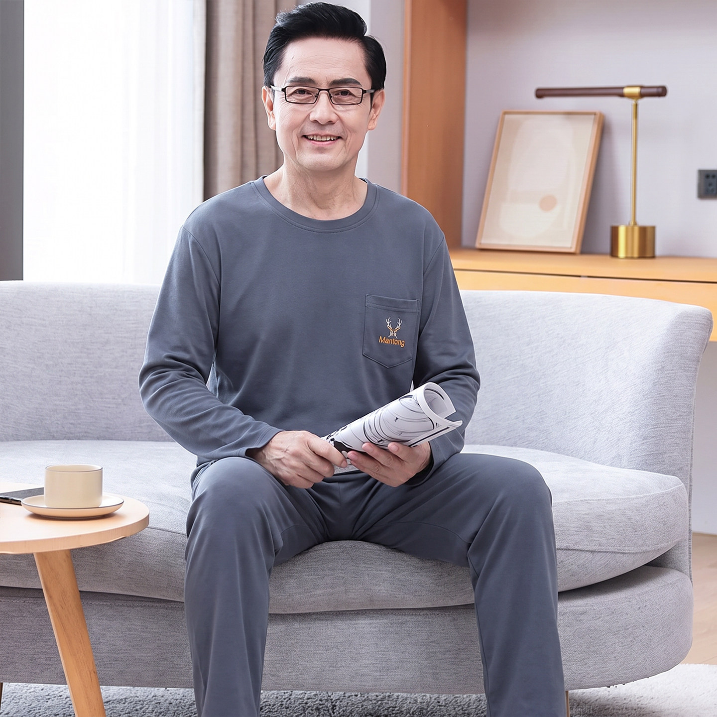男士纯棉睡衣春秋季薄款套头长袖爸爸家居服男款全棉休闲大码套装