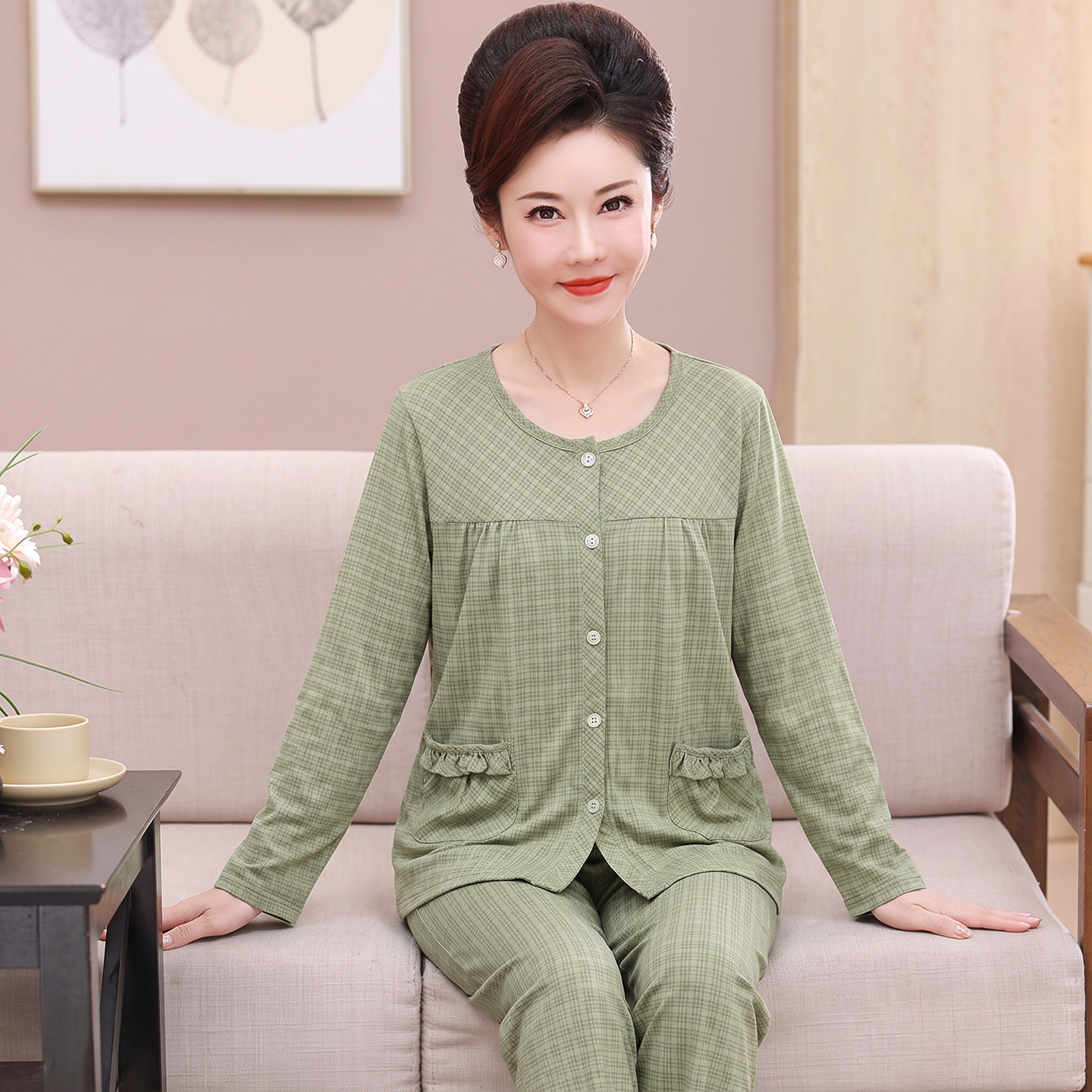 中老年妈妈睡衣纯棉春秋季长袖薄款开衫女士家居服秋冬款全棉套装