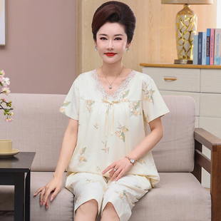 莫代尔冰丝中年妇女士家居服夏天套装 妈妈睡衣夏季 七分裤 薄款 短袖