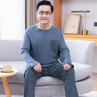 爸爸睡衣男士春秋季纯棉长袖套头