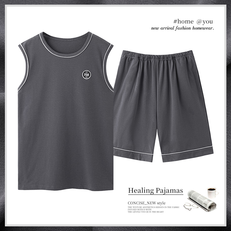 爸爸背心睡衣夏季薄款纯棉无袖短裤中年男士家居服夏天加大码套装