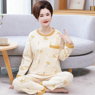 妈妈睡衣女春秋纯棉长袖套头大码