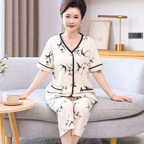 中年妈妈夏季睡衣薄款短袖七分裤