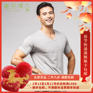 纯色大码 鸡仔唛男装 中青少年夏季 2021新款 休闲T恤 美国纯棉V领短袖