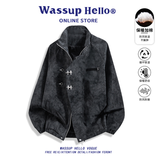 潮牌宽松痞帅复古外套 高街扎染皮衣夹克男秋冬季 WASSUP HELLO美式