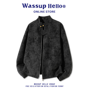 夹克男秋冬潮牌宽松夹棉皮衣 机车风立领扎染工装 WASSUP HELLO美式