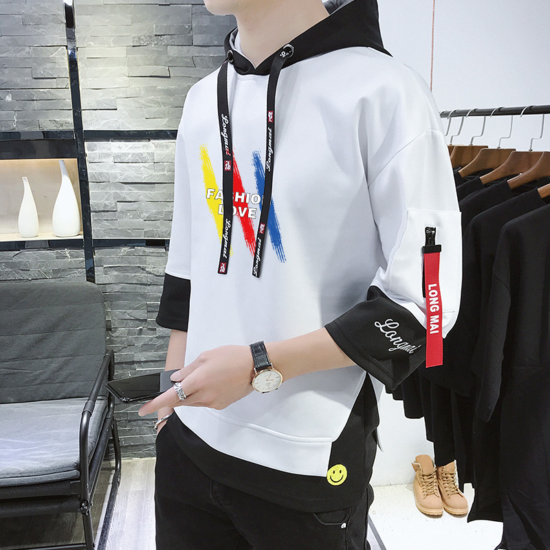 短袖T恤男卫衣夏季新款韩版潮流连帽七分袖潮牌撞色百搭半袖衣服