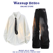 HELLO设计感链条领带长袖 衬衫 男款 WASSUP 春秋季 休闲潮流衬衣外套