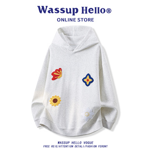 新款 重磅刺绣连帽卫衣男女春季 潮牌痞帅宽松外套 HELLO美式 WASSUP