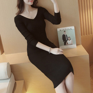 V领中长款毛衣裙女秋冬季配大衣修身打底内搭紧身包臀针织连衣裙