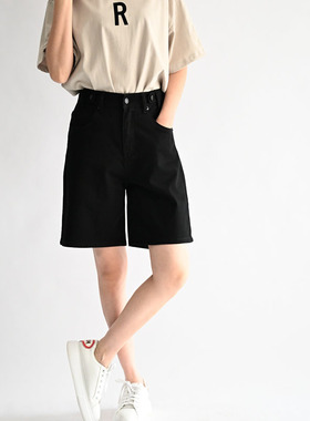 米拉瑞奇夏季弹力高腰宽松女士显瘦百搭五分牛仔裤K128910