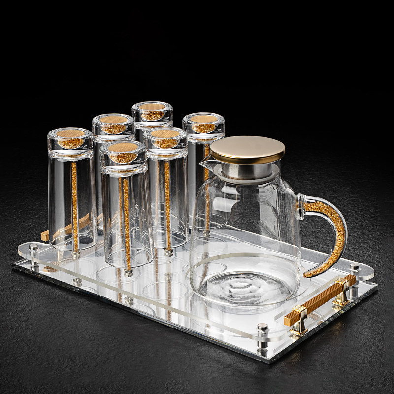 水晶直身水杯轻奢高级家用套装创意耐热喝茶杯啤酒杯带杯架果汁杯