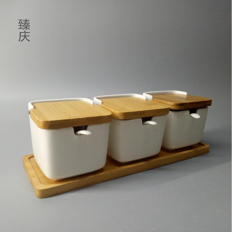 直厂家陶瓷套调味罐厨销房用品装简约竹制掀盖方罐瓶罐置417物调