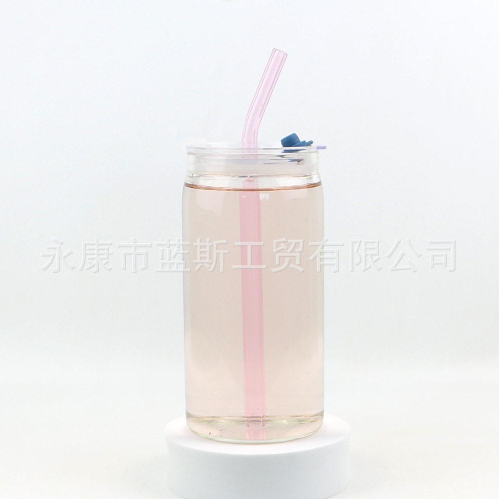 新16oz吸管盖玻璃盖水杯带款热层硼LS-梅森硅耐热升华玻璃梅森杯