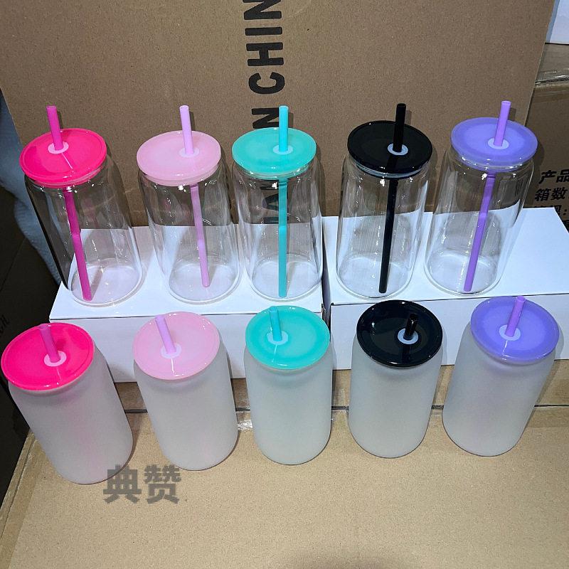 16玻新oz热升华品璃梅森杯配彩色16oz彩色盖彩色塑料吸杯管吸管