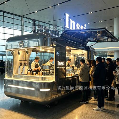 弧形镜面不锈钢移动餐车立体发光字招牌户外街边咖啡售卖飞翼拖车